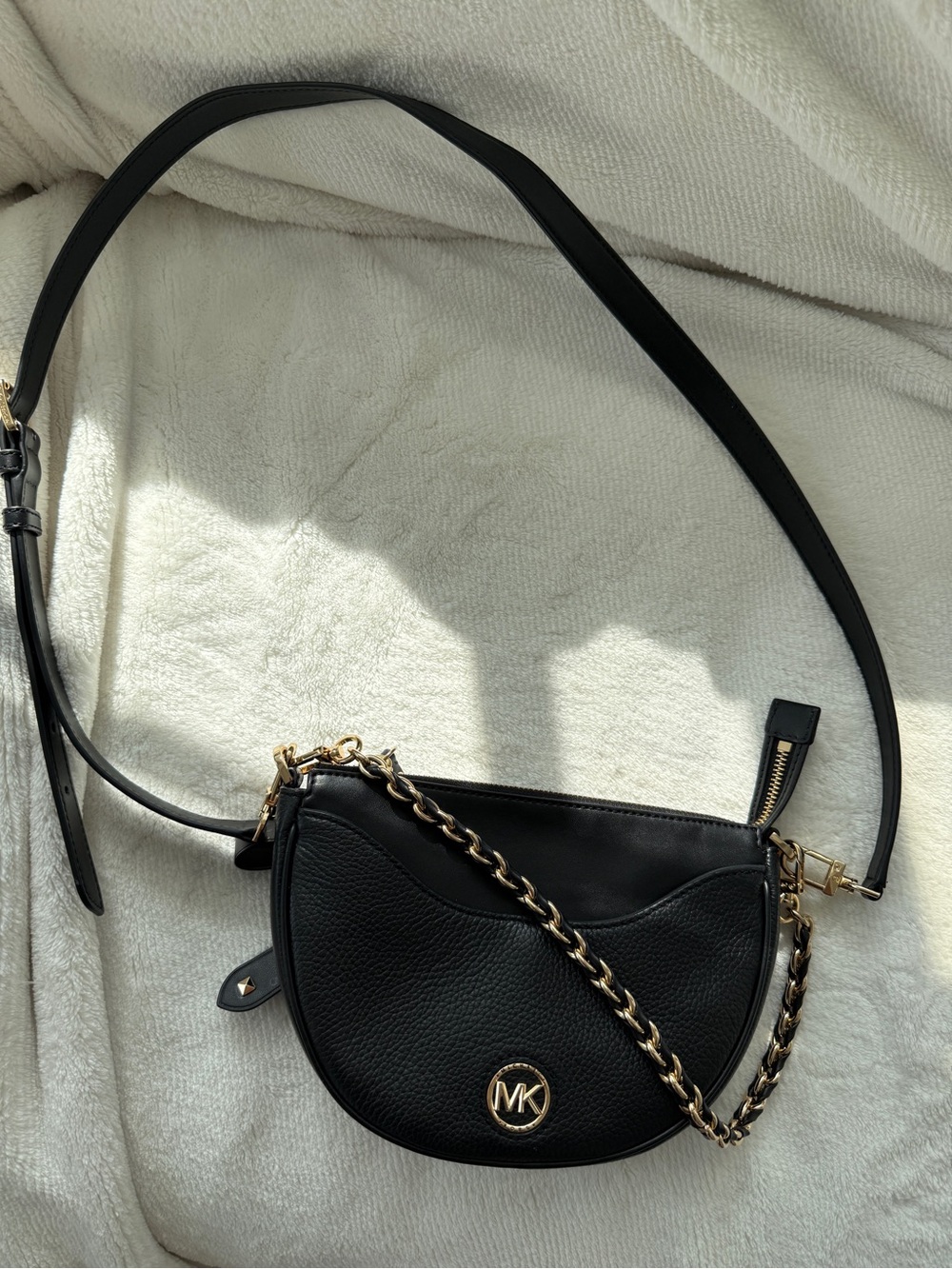 Michael Kors Black Leather Crescent Crossbody / Gold Chain Shoulder Bag